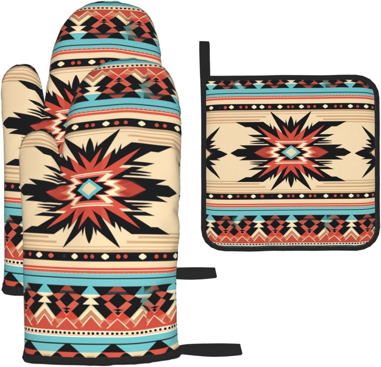 Oven Mitts and Pot Holders Sets 4PCS Heat Resistant Thicken Kitchen Cooking Gloves Native American Patterns Oven Mitts BBQ Oven Gloves Non-Slip Potholders Hot Pads for Baking Cooking Home Essentials