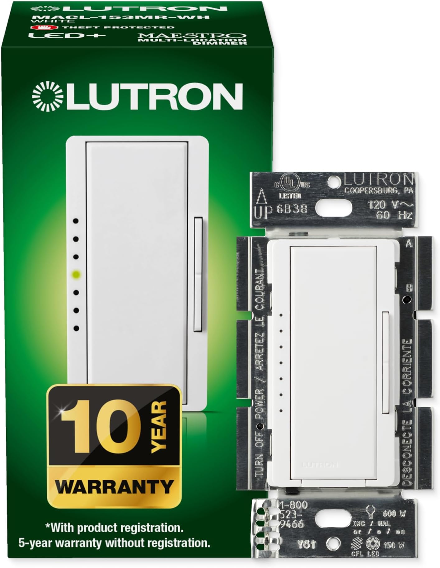 Lutron Maestro LED+ Dimmer Switch for Dimmable LED, Halogen and Incandescent Bulbs, 150W/Single-Pole or Multi-Location, MACL-153M-WH, White