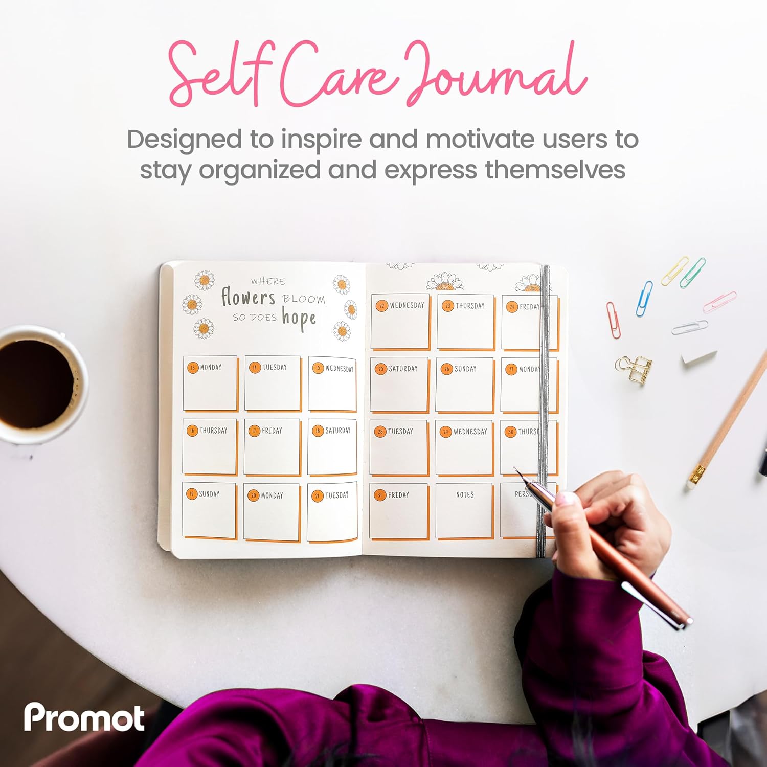 Promot Weekly Monthly Planner 2024 - Journal with Premade Designs, Budget, Mood, Sleep Tracker, Self Care, Productivity, Affirmation, Aesthetic Notebook - Custom Embossed Gold Text, Large, 260 Pages