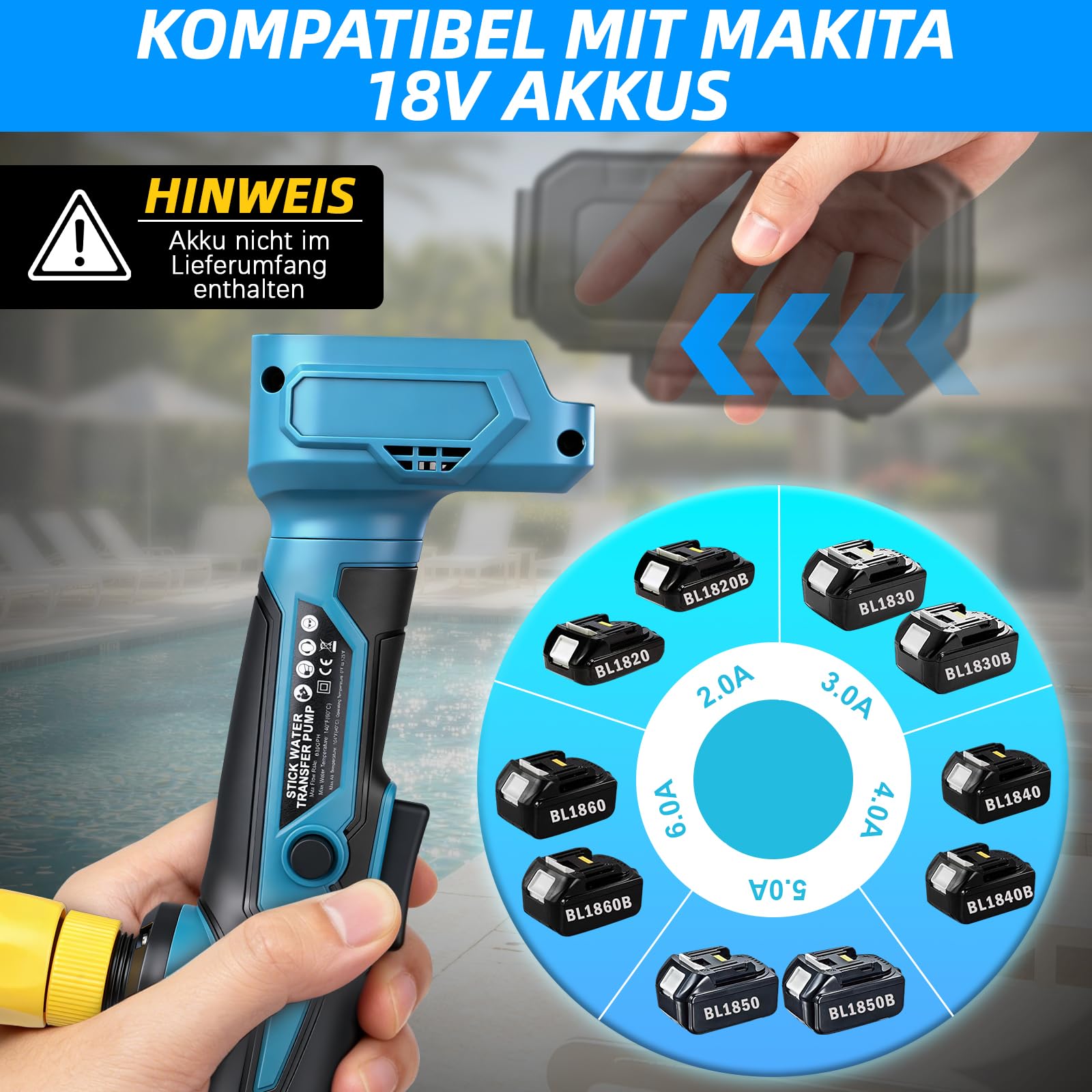 Akku Regenfasspumpe Kompatibel mit Makita 18V, Max. 3000 L/h, 6m Förderhöhe | Kabellose Wasserpumpe Akku Tauchpumpe Tauchdruckpumpe mit Gartensprühdüse für Pool/Gärten/Teiche/Regentonnen (ohne Batterie)