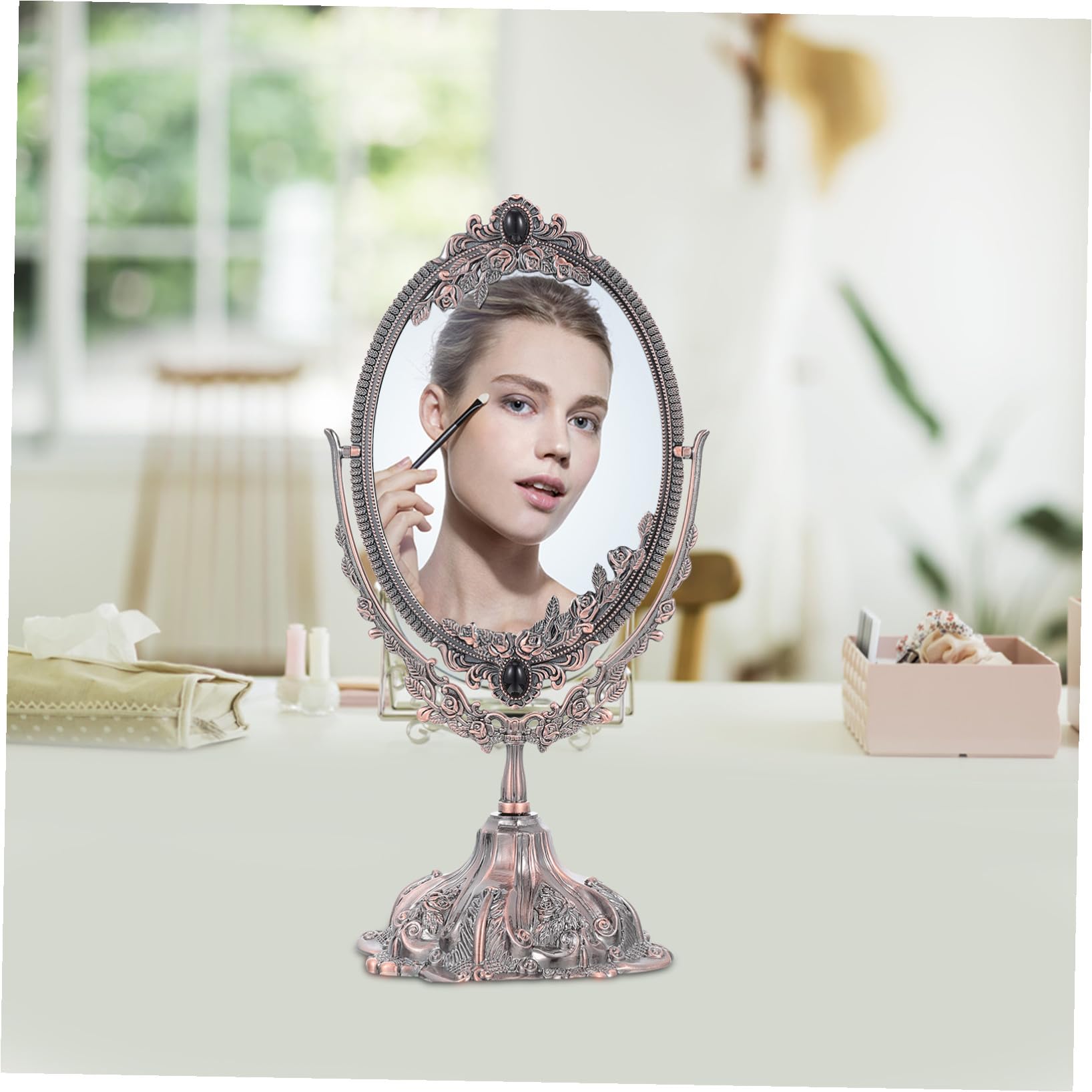 Doppelter Kosmetikspiegel Im Vintage-Stil Eleganter Doppelter Tischspiegel Für Hochzeiten Und Makeup Robustes Leichtes Design Rotkupfer Für Schlafzimmer Und Schminktische