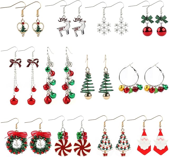 12 Pairs Christmas Dangle Earrings, Kalolary Christmas Tree Santa Claus Bow Jingle Reindeer Snowflake Plated Alloy Xmas Earrings Christmas Themed Pierced Hook Drop Earrings for Women Girls