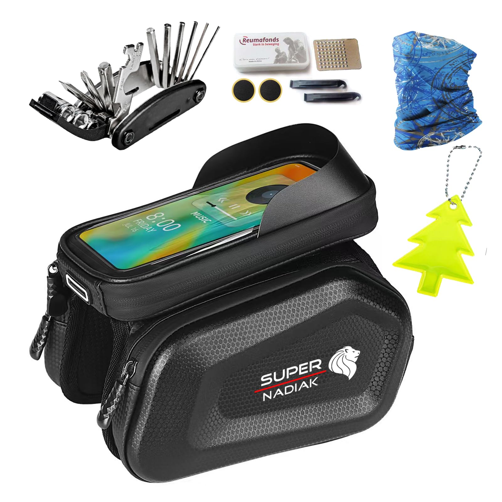 super NADIAK Waterproof Bike Frame Bag with 6" Phone Window – Complete Cycling Set with 16-in-1 Multi Tool & Safety Accessories (Style 1)