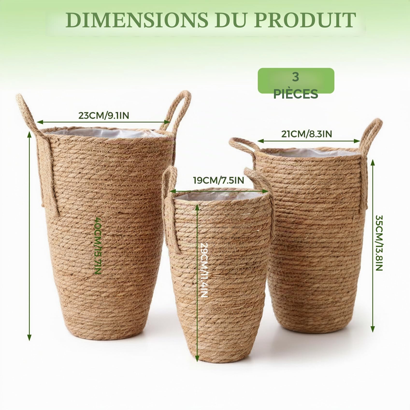 Lot de 3 Pots de Fleurs en rotin, 3 Tailles, Panier à Plantes tissé en jonc mer avec Doublure imperméable, paniers à Plantes d'intérieur avec poignée pour Balcon, décoration la Maison