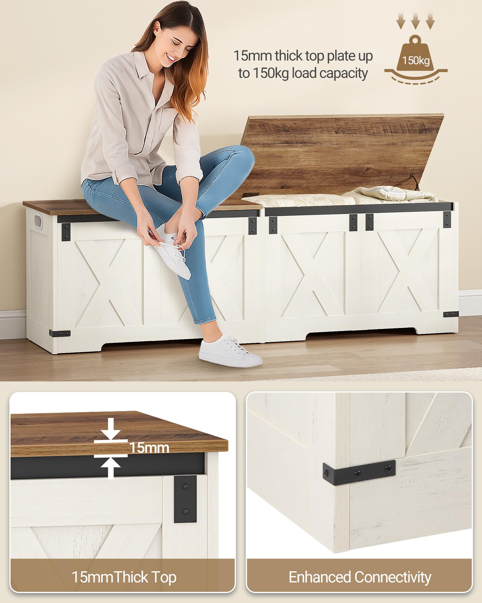 Hzuaneri Cassapanca con Vano Portaoggetti, Mobile Seduta con Cerniere di Sicurezza, Contenitore, 40 x 150 x 48,5 cm, per Corridoio, Camera da Letto, Soggiorno, Bianco Marrone SB15014X