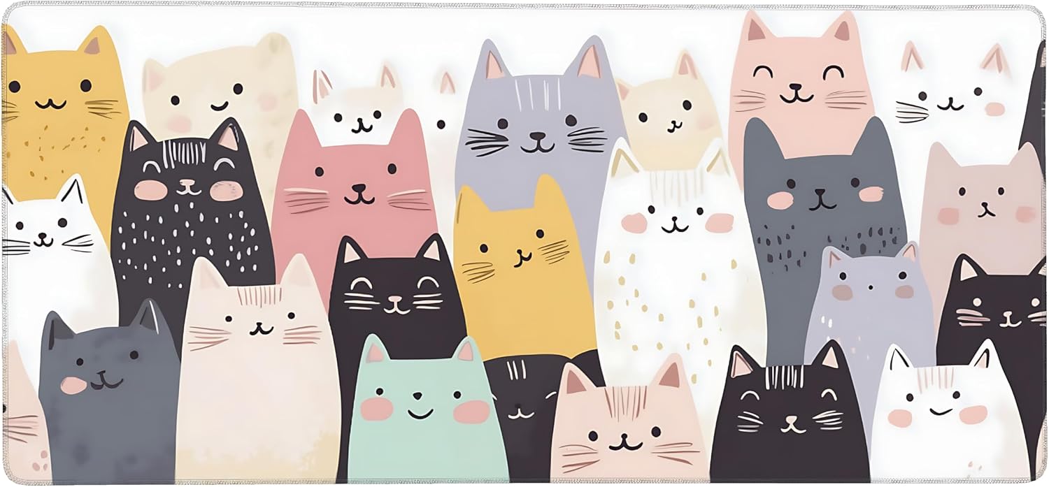 Cute Anime Cats Gaming Mouse Pad, Colorful Pop Art Desk Mat with Anti-Slip Base & Stitched Edges,35.4" x 15.7" in Table Mat for Computer Desktop, Beautiful Workstation Decor