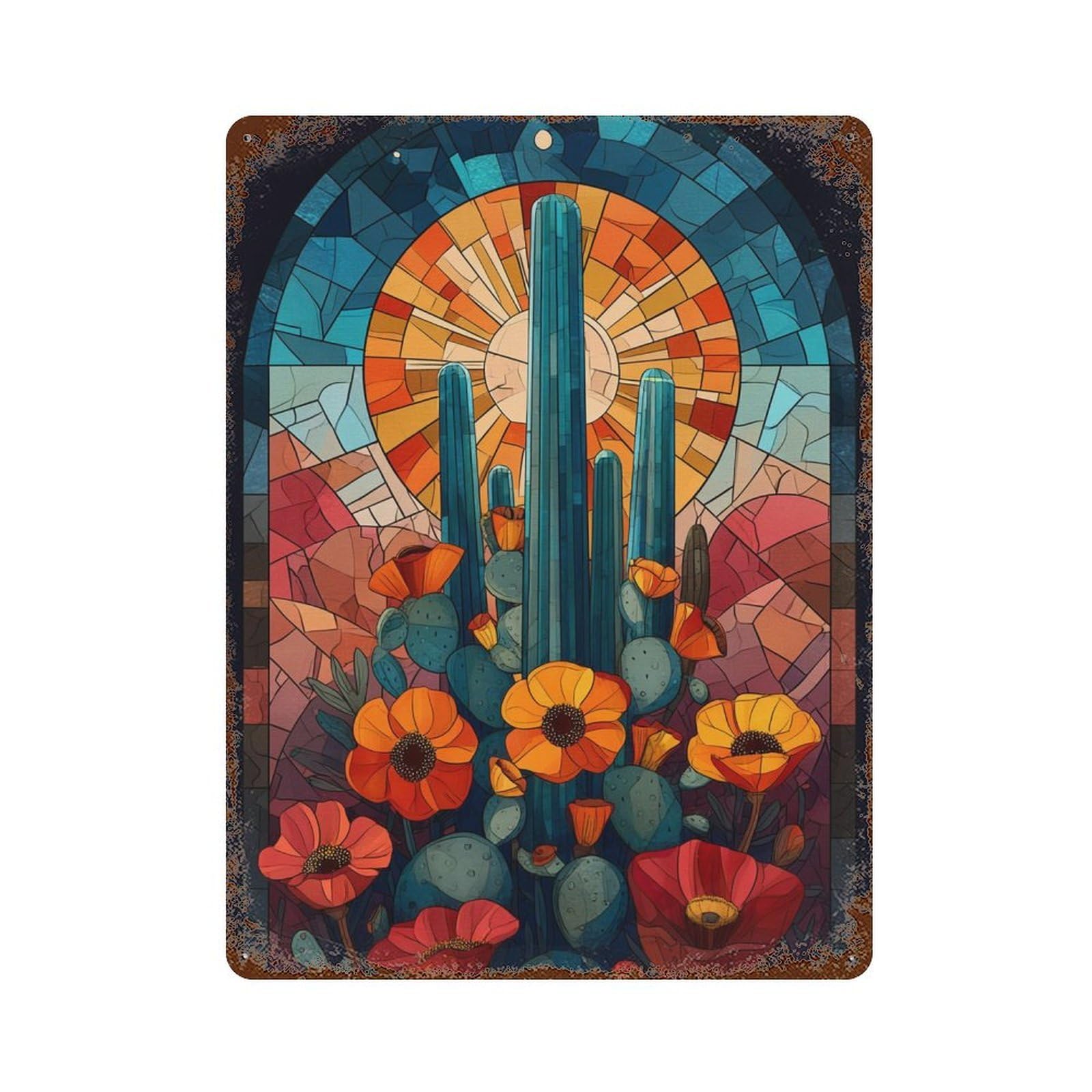 Desert Cactus Stained Glass Window 15.7"x11.8" Distressed Metal Wall Sign, Shabby Chic Decor for Office, Studio And Wall Decor