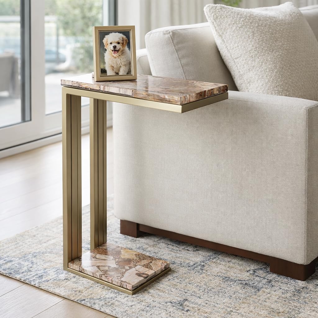 End Table, Side Table, or Night Stand for Home Decor - Luxury Marble C-Shaped Accent Table with Metal Frame for Small Spaces - Contemporary Table for Sofa, Bedroom, and Living Room Decor - 24" Gold