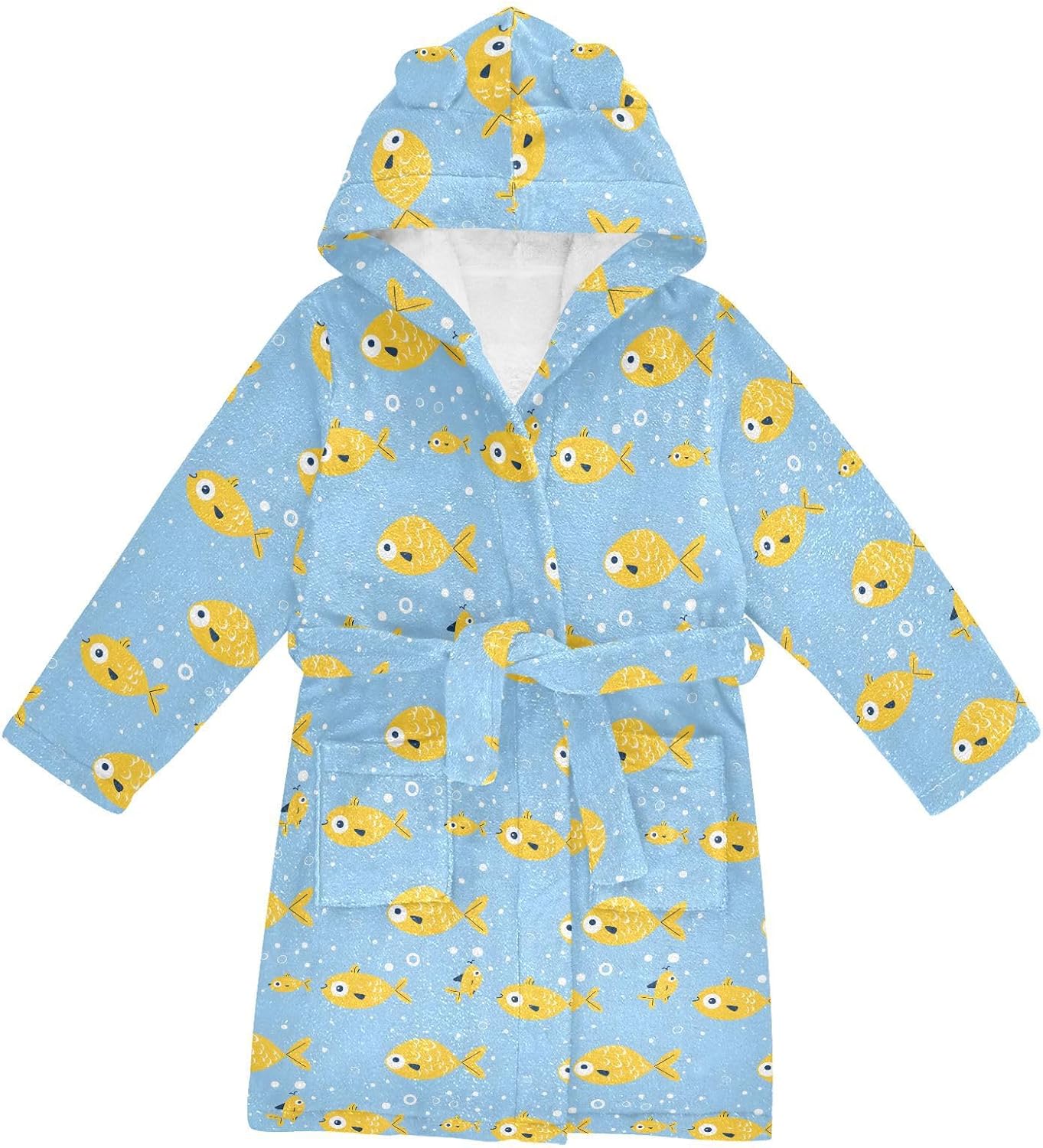 senya Yellow Fish Blue Toddler Hooded Bathrobe Kids Soft Plush Bath Towel Robes for Boys Girls 2-12 Years
