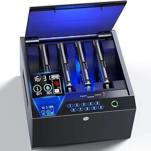 MOLICAR Caja fuerte para armas, 4 pistolas con pantalla LCD de batería de humedad temporal, cajas fuertes biométricas para pistola con puerto USB-C,