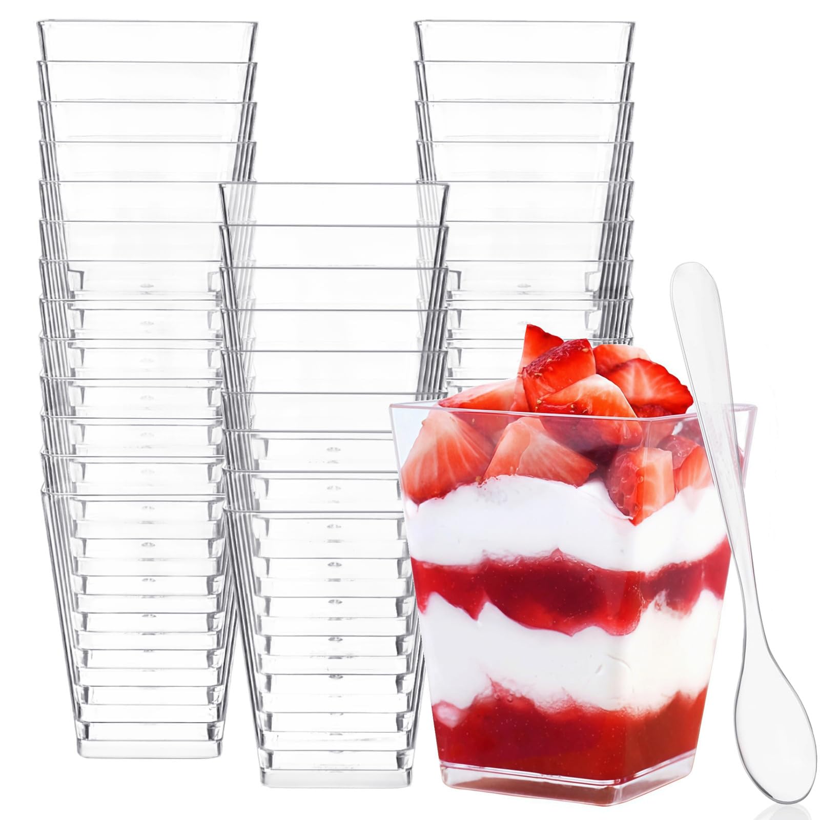Zezzxu 50 Pack 5 oz Plastic Dessert Cups with Spoons, Small Clear Plastic Square Desert Shooter Cups for Desserts, Appetizers, Puddings, Mousse and More