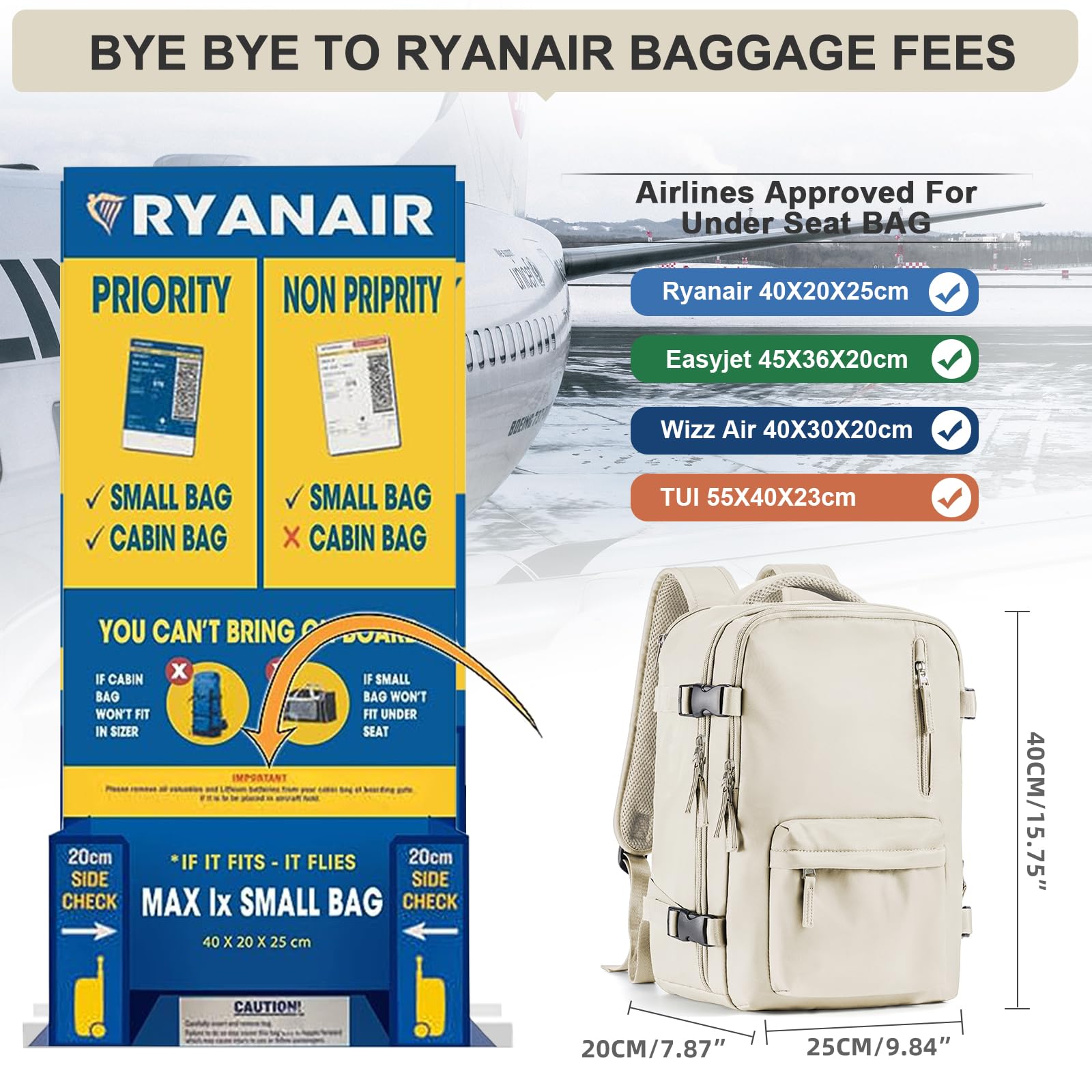 Zaino da Viaggio per Ryanair 40x20x25 Bagaglio a Mano Zaino Borse da Cabina per Ryanair Il Sedile Zaino Aereo Bagaglio a Mano Donna Borsa Cabina Viaggio Zaino Travel Viaggio Casual Daypack,X5-Beige