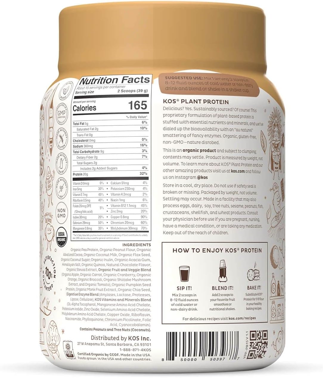 KOS Organic Plant Based Protein Powder, Chocolate Peanut Butter - Delicious Vegan Protein Powder - Keto Friendly, Gluten Free, Dairy Free & Soy Free - 1.3 Pounds, 15 Servings : Health & Household