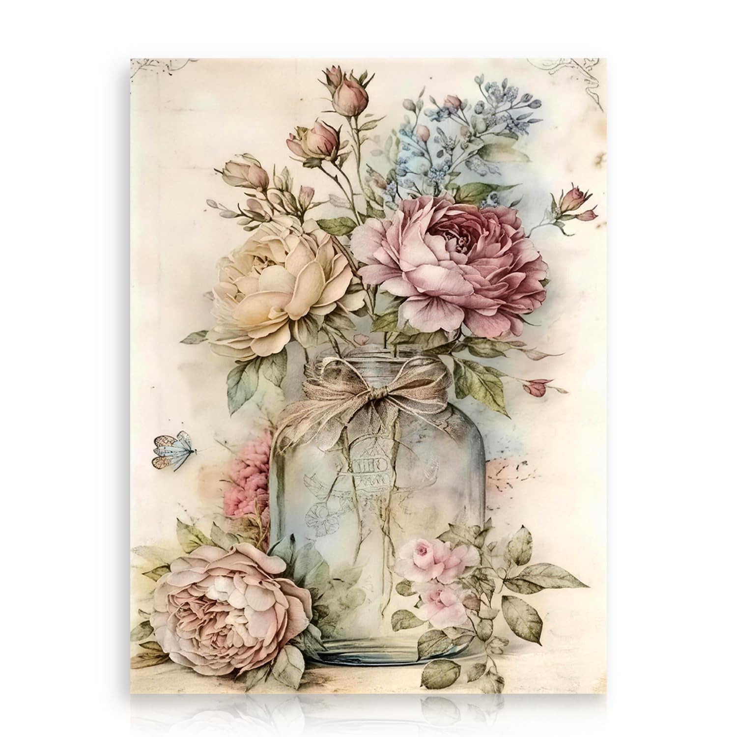 Dazzlewall Vintage Floral Canvas Wall Art, Rustic Pink Rose Victorian Flowers Poster for Bedroom Bathroom Decor 12x16 in Unframed