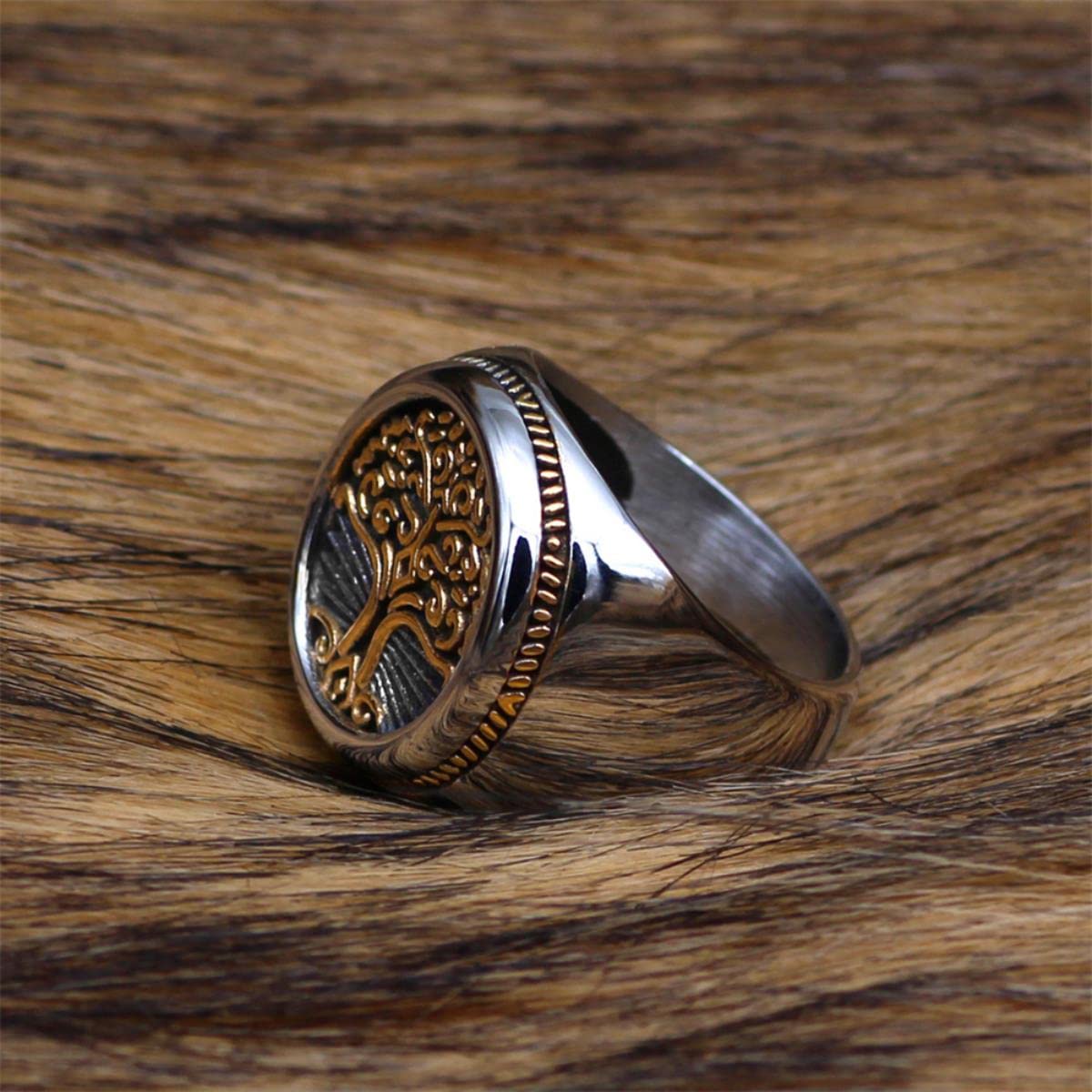 Anello da uomo, motivo: albero della vita, in acciaio