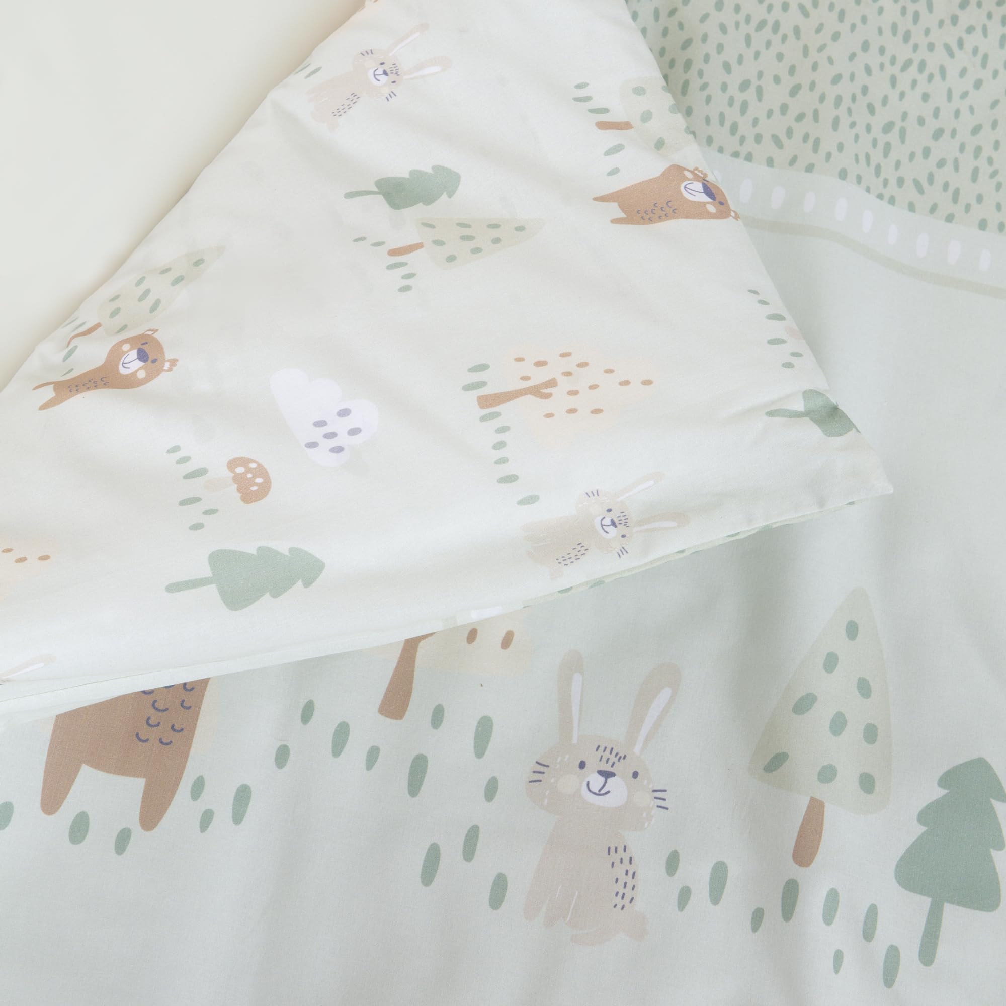 roba Biancheria per Culla Woodland Buddies - Piumino 80 x 80 cm + Federa 35 x 40 cm - Cotone Morbido - Verde Pastello con Orso, Coniglio & Ape