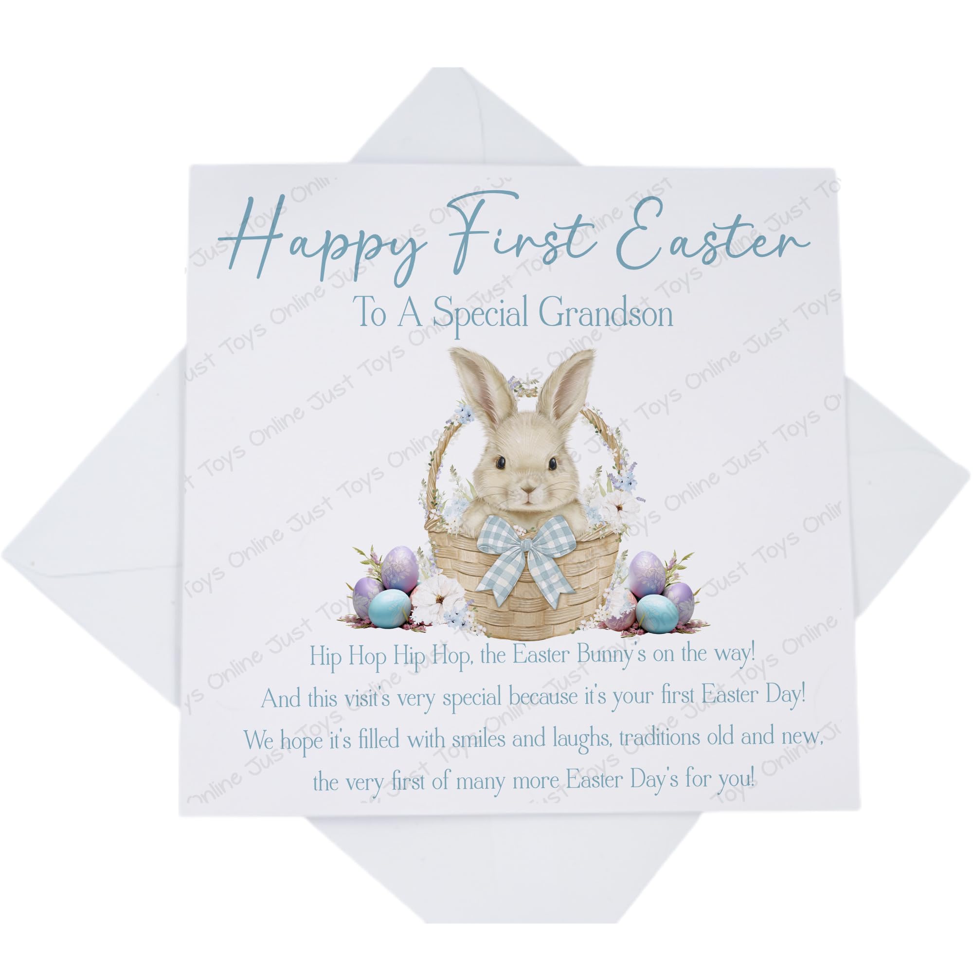 Happy First Easter Card for Grandson, Blue Easter Bunny Basket Card with Poem Verse