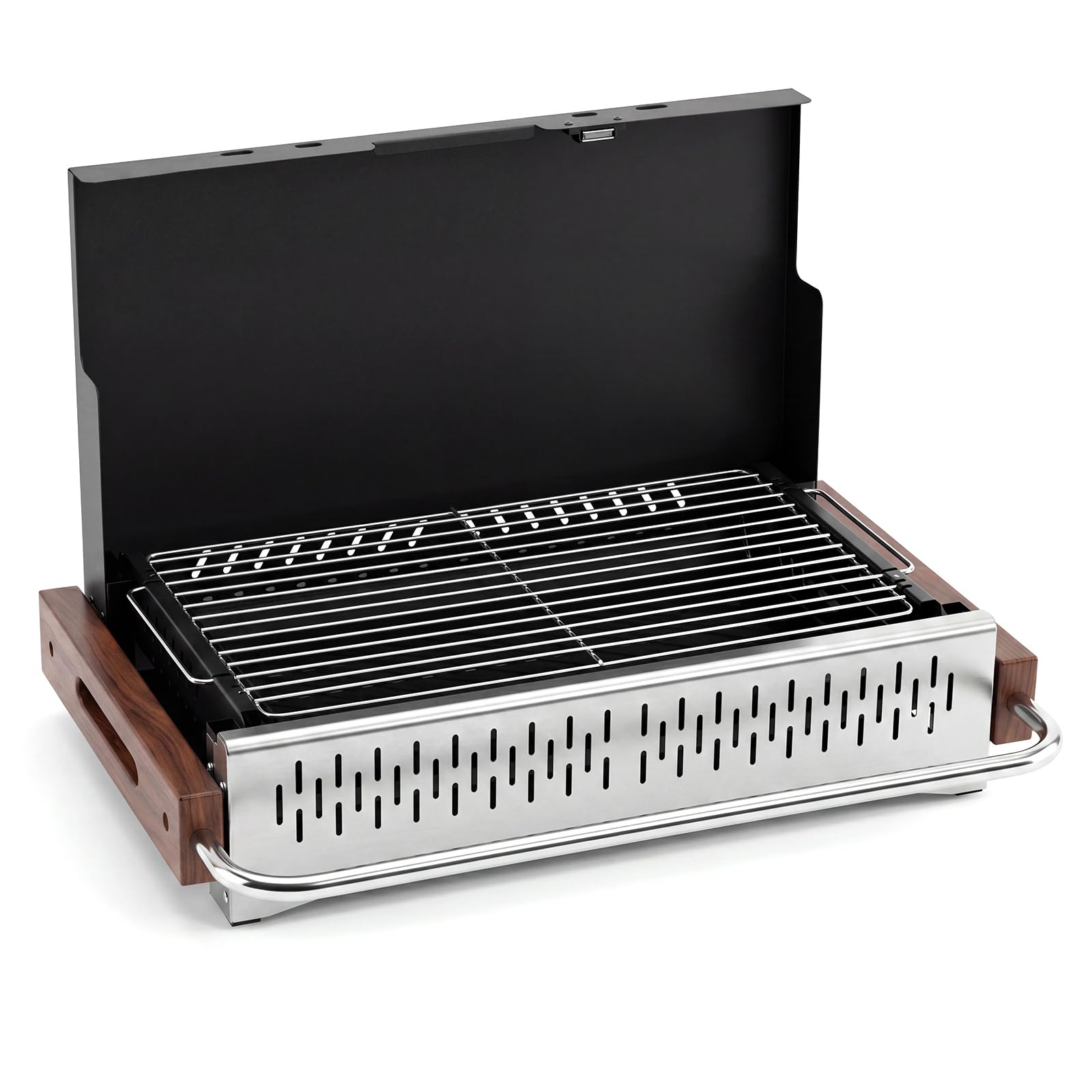 COSTWAY Mini Barbacoa Carbón Mesa Plegable, Parrilla Portátil,(62x43,5 cm) | Metal, Rejilla de Cocción Ajustable en Altura, Orificios de Ventilación, BBQ Camping Picnic Tereaza