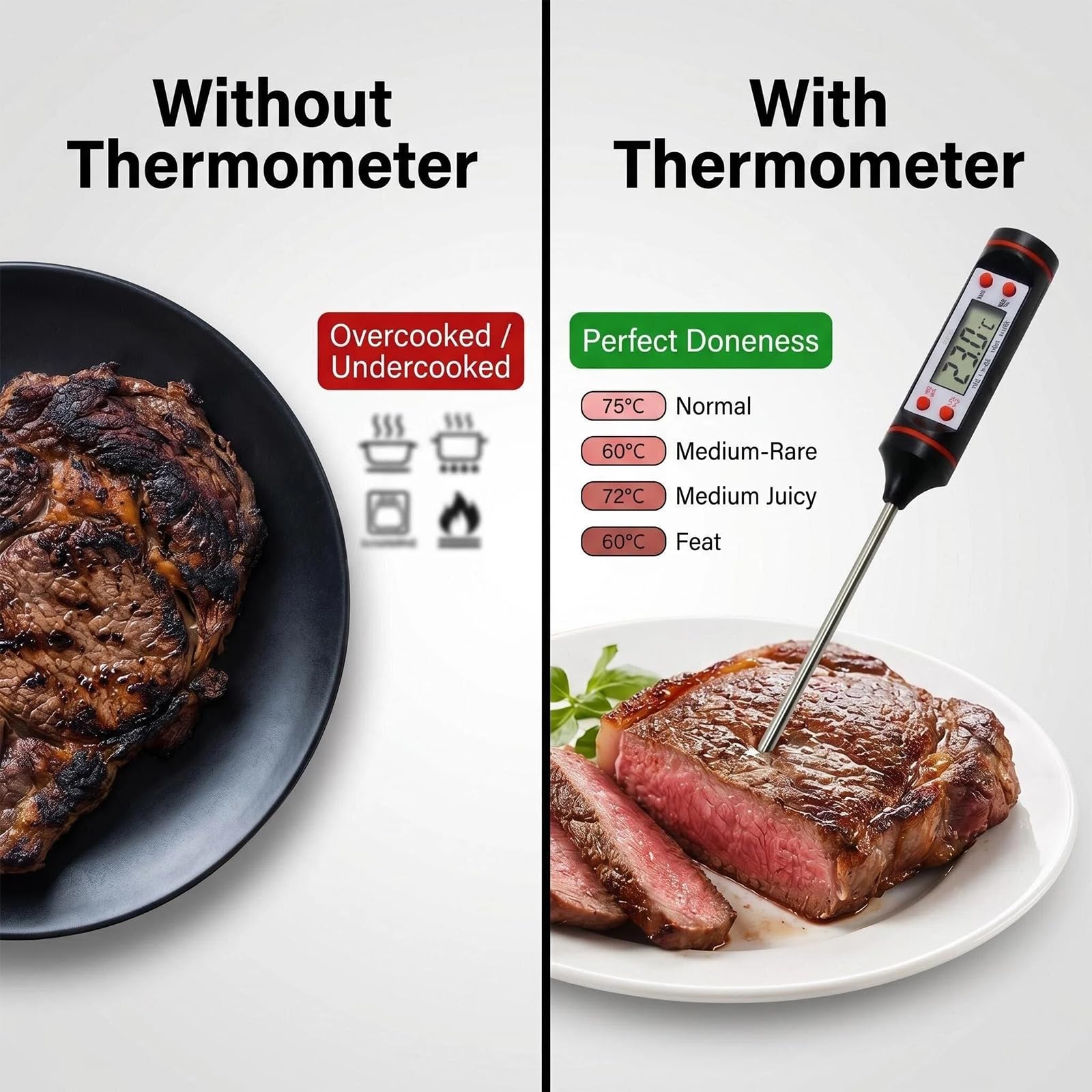 2 termómetros de cocina digital con sonda para barbacoa, Carne, Pavo, Vino, Jalea - Pantalla LCD Grande, Rango de Medición de -50 °C a +300 °C, Apagado Automático