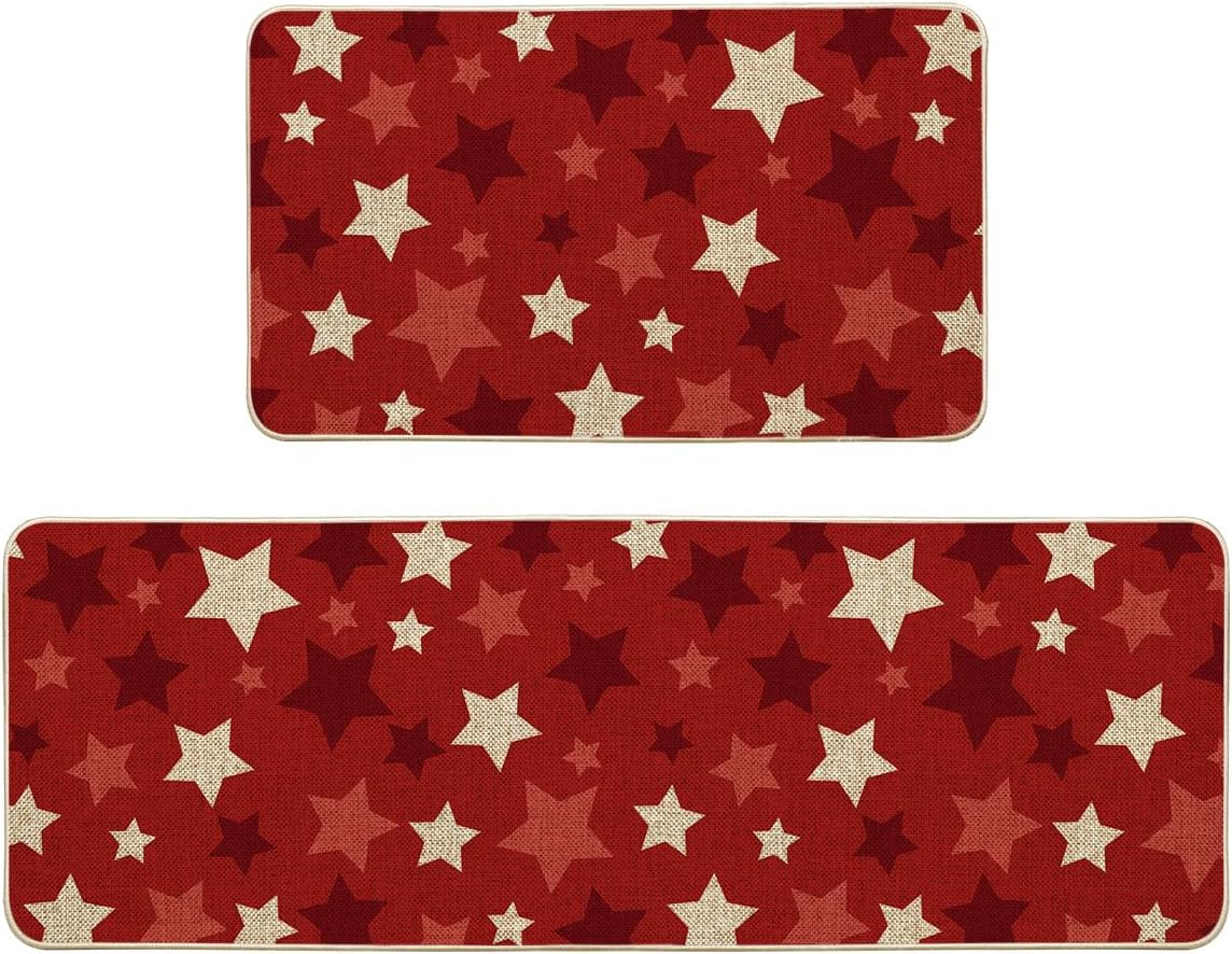 Artoid Mode Red Stars Patriotic 4TH of July Kitchen Mats Set of 2, Memorial Day Home Decor Kitchen Rugs for Floor - 17x29 and 17x47 Inch