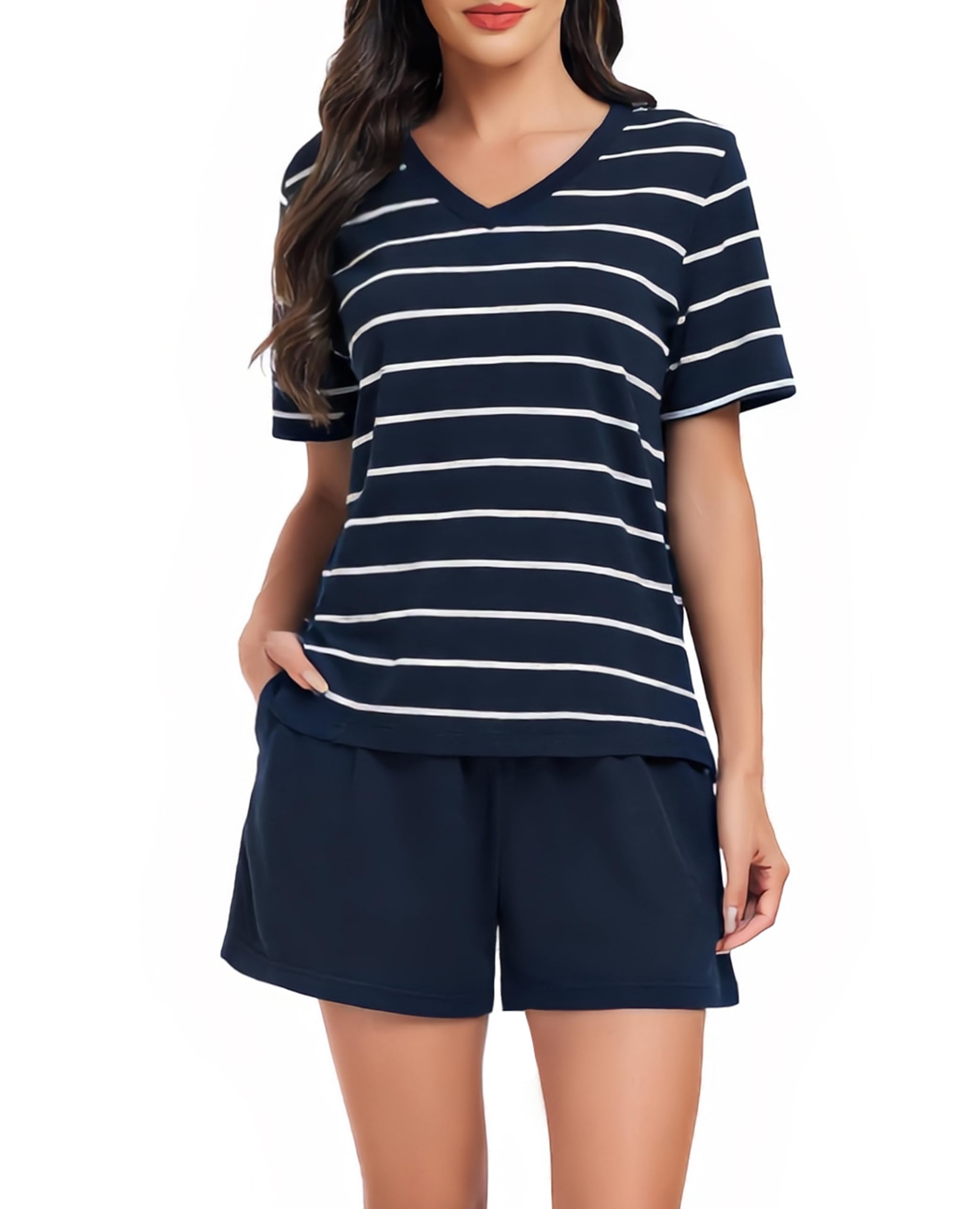 Lovasy Schlafanzug Damen Kurz Baumwolle Gestreift Sommer Schlafanzüge für Damen V-Ausschnitt Kurzarm Pyjama Set Mode Pyjamas