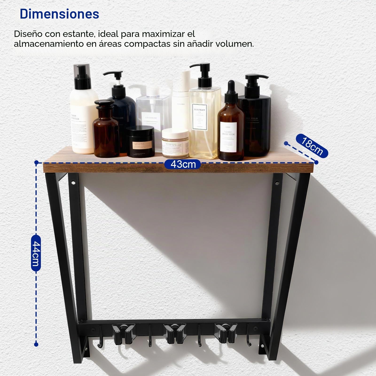 Colgador Escobas y Fregonas con Estantes de Pared con 3 Soporte, 4 Crochets, Organización y Almacenamiento para Cocina, Baño, Garaje y Jardín, Soporte Herramientas de Acero Inoxidable y Madera