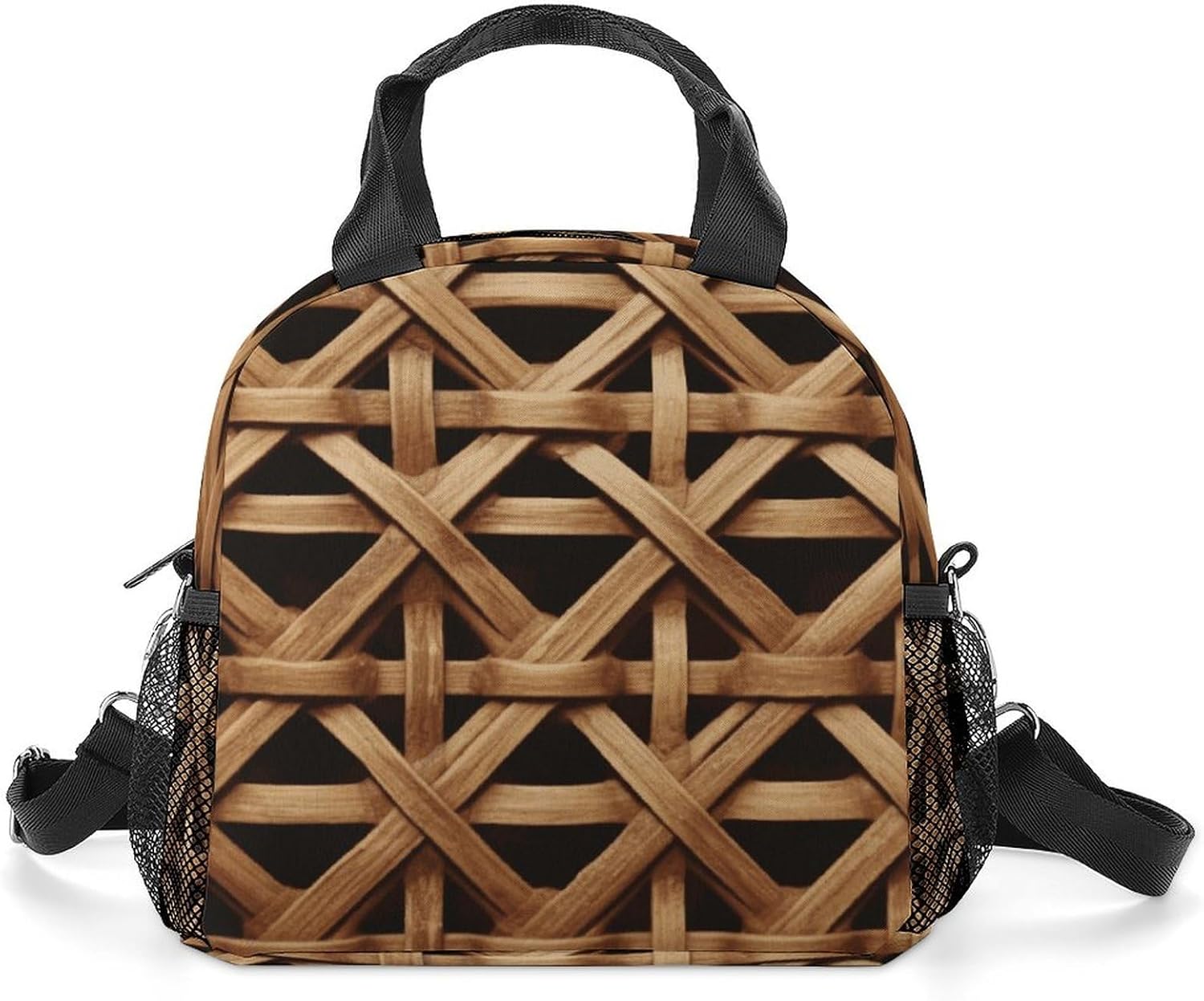 Insulated Lunch Bag Lunch Box for Women Lunch Tote Bags Wicker Woven GridLunchbox Lunch Bag with Side Pocket