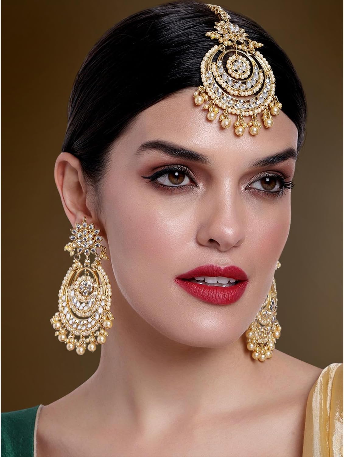 Aheli Bollywood Ethnic Chandbali Style Big Earrings Maang Tikka Set Traditional Bharatanatyam jewellery setGift for Women