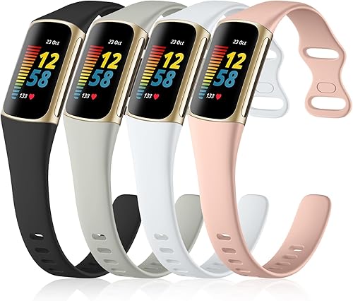 GEAK Paquete de 4 correas delgadas compatibles con correas Fitbit Charge 5/6 para mujeres y hombres, pulseras de repuesto deportivas de silicona