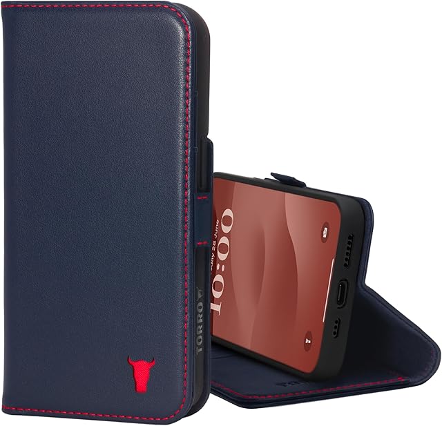 TORRO Leather Case Compatible with iPhone 15  Premium Leather Wallet Case with Kickstand and Card Slots - Navy Blue