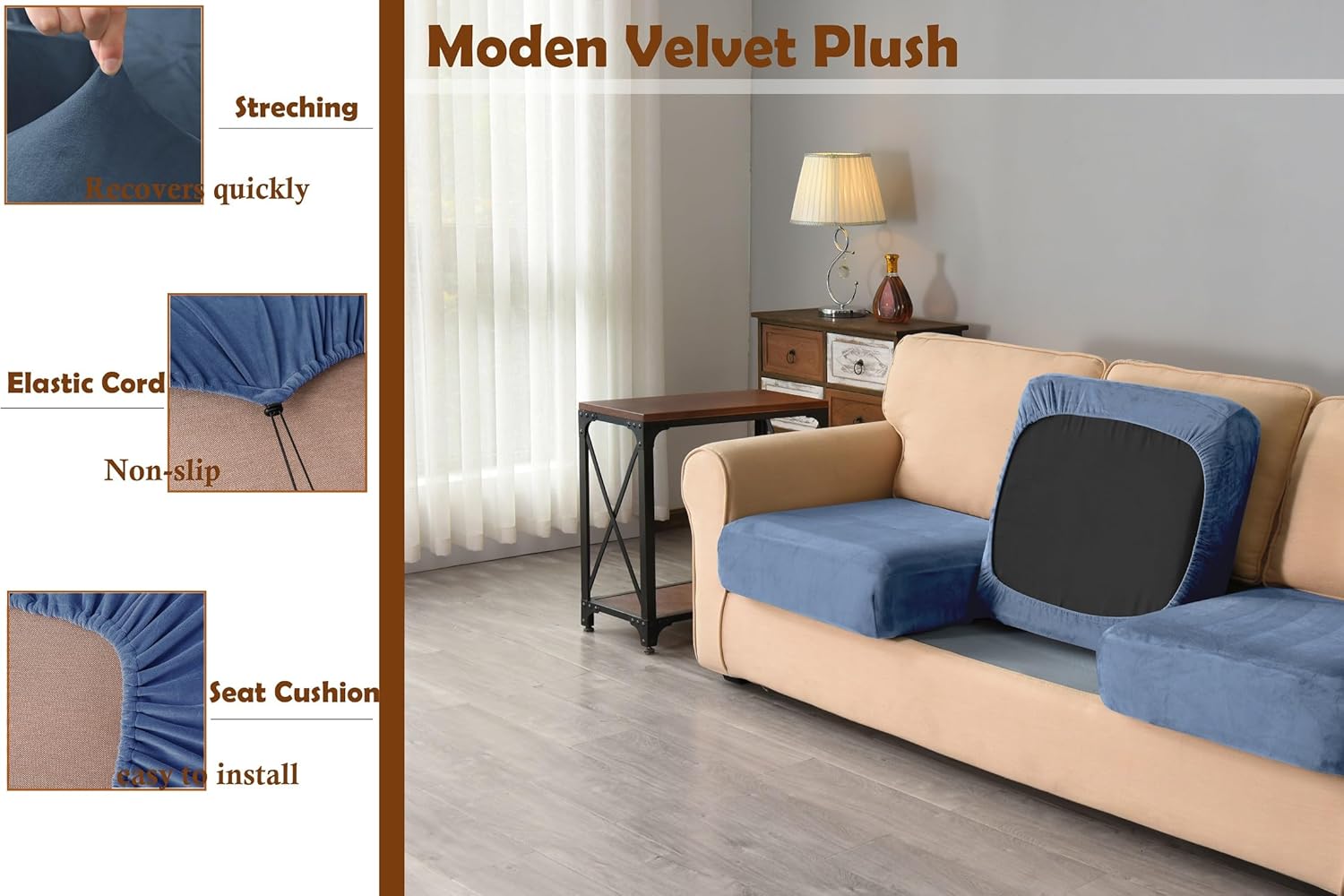 Velvet High Stretch Sofa Covers for 2 Cushion Couch Sofa Slipcovers, Washable Furniture Protector with Drawstring Anti Slip Bottom, Soft and Plush Fabric for Kids and Pet (Dark Blue 7 Pieces)