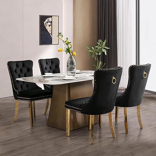 Miniatura 97 de Juego de 6 sillas de comedor de terciopelo, sillas de comedor tapizadas acolchadas con ribete de tachuelas y patas de madera maciza para cocina,