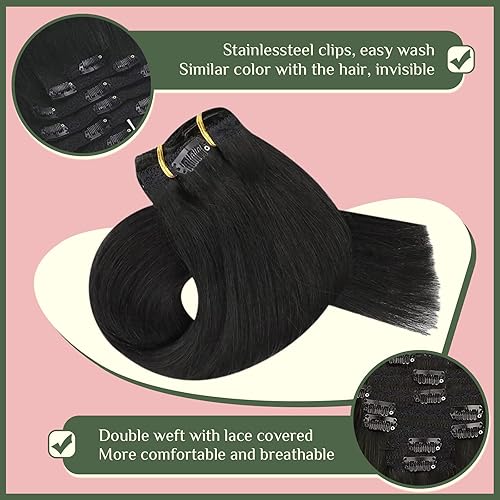 Miniatura 8 de Extensiones de cabello humano real con clip, extensiones de cabello humano real, color negro natural, extensiones de cabello humano con clip, 7