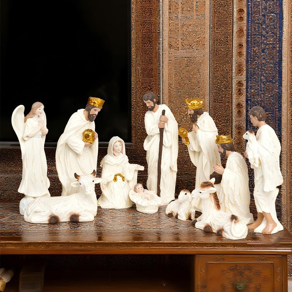 Nativity Sets for Easter Indoor - Nativity Scene Statue, White Manger Scene Holy Family Resin Figures, White and Gold Figures Decor for Tabletop Religion Decor (White)