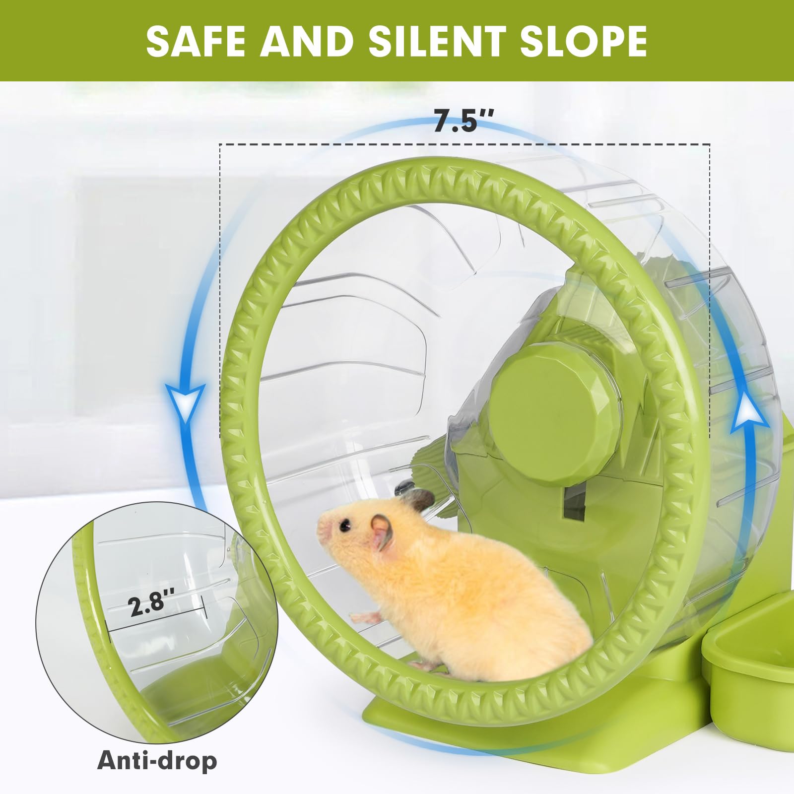 Vannon Roues d'exercice 4 en 1 super silencieuses pour hamster avec bouteille d'eau, récipient alimentaire et base cachette, grande roue rotative pour hamster, gerbilles, souris, vert