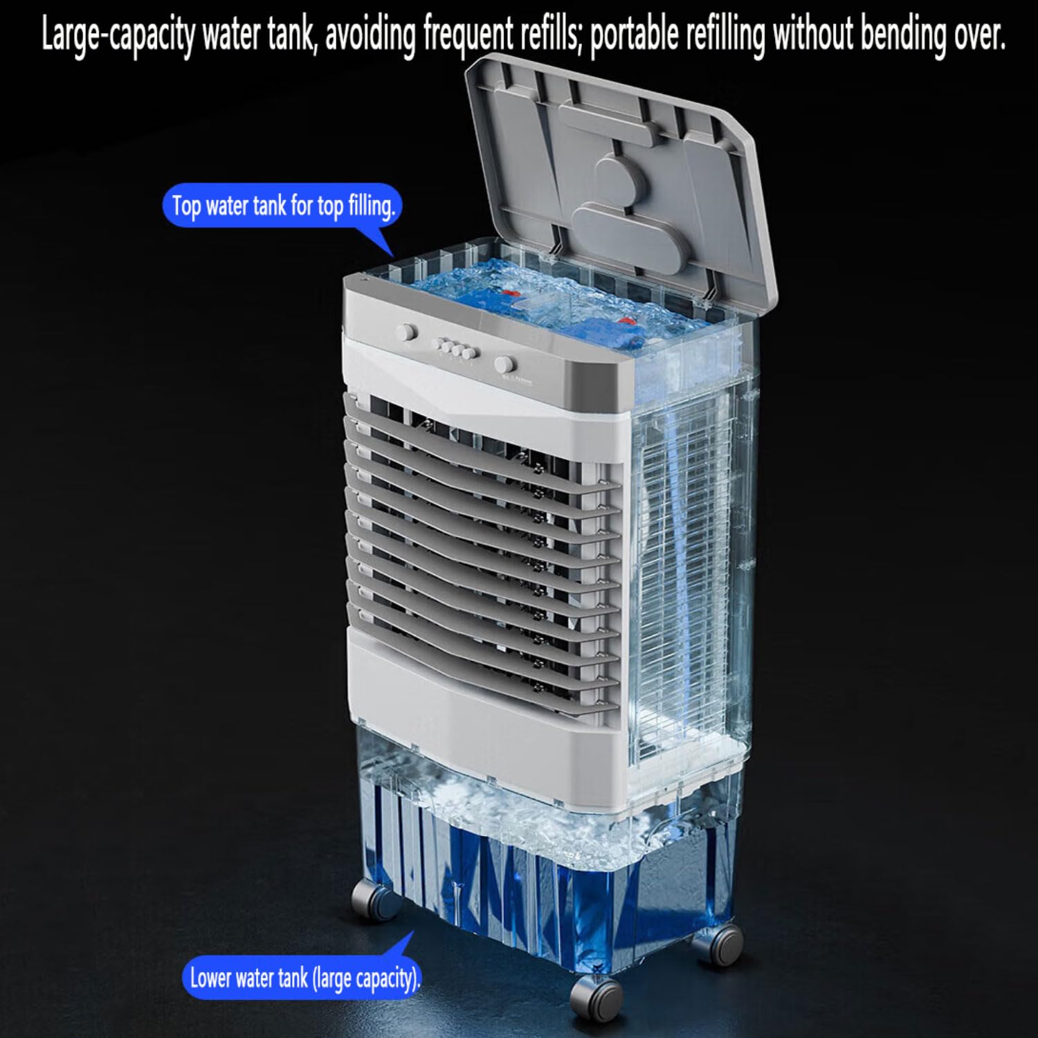 Swamp Cooler - Condizionatore d'aria evaporativo con serbatoio dell'acqua da 55 litri, raffreddamento 24 ore, oscillazione 60°, 4 ventole di raffreddamento per camera da letto, senza tubo necessario