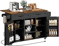 RALGEND Kitchen Island with Drop Leaf & Power Outlets, Rolling Storage Cart with Drawers, Spice Rack, Black Rustic Brown
