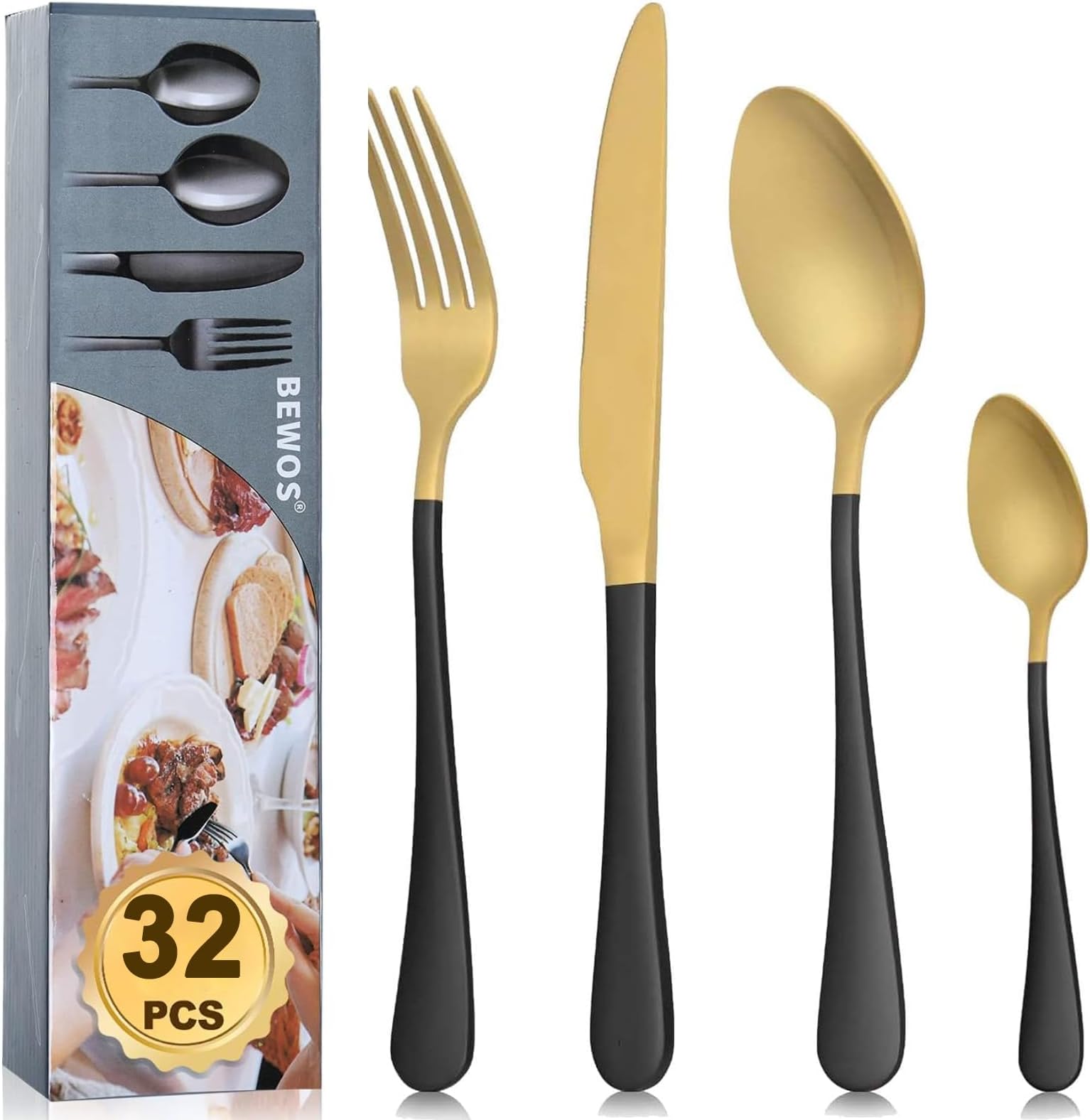 BEWOS32 Pieces Gold and Black Cutlery Set for 8, Food Grade Stainless Steel Tableware Includes Forks, Steak Knives and Spoons, Dishwasher Safe, Silverware Set, Upgraded Mattgold Colorful Design