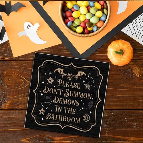 Miniatura 6 de Letrero decorativo de Halloween para Halloween, baño, madera, murciélagos, decoración de casa de campo, mesa y escritorio (5 x 5 pulgadas)