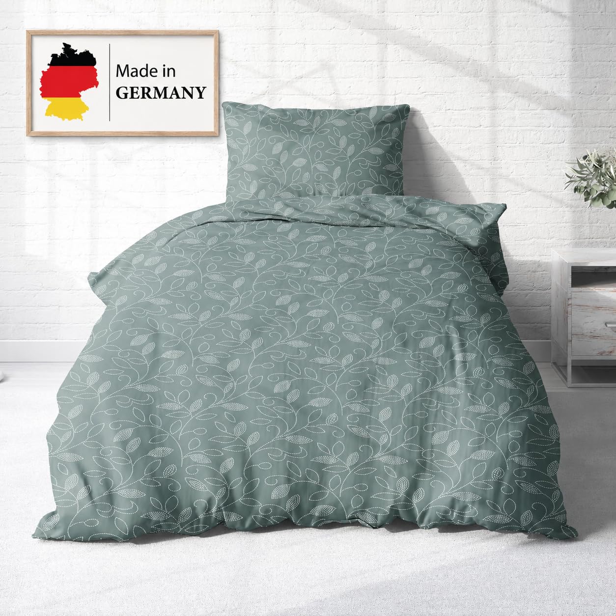 Träumschön Biber Bettwäsche Set 2tlg 155 x 220 cm Grün – Blumen Ranken Design – Flauschige Winterbettwäsche - Bettbezug + Kissenbezug 80x80 cm - Weihnachten - 100% Baumwolle