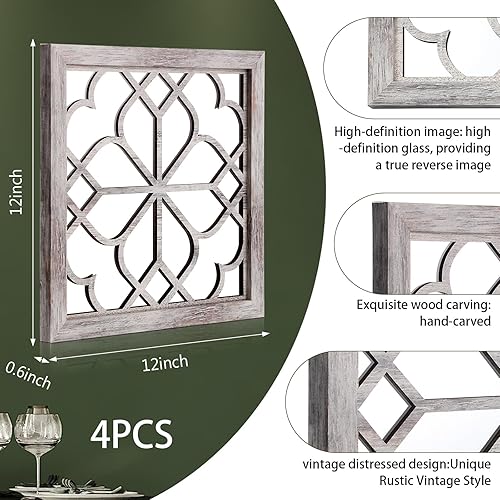 Miniatura 4 de Tatuo 4 espejos cuadrados de pared, magnífico espejo rústico de decoración de granja, rústico para renovación de baño, dormitorios, salas de estar,