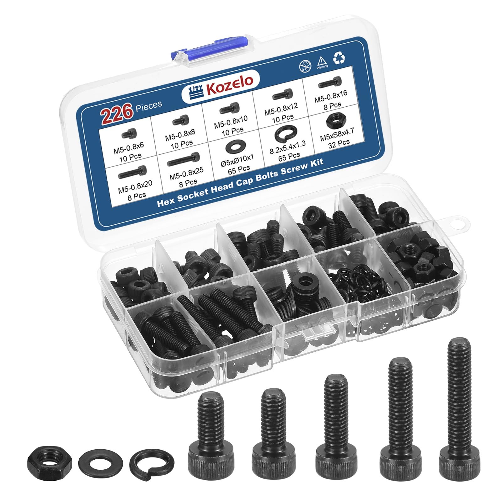 Kozelo 226pcs M5 Socket Head Cap Screws Bolts Nuts Assortment Kit - [M5x6/8/10/12/16/20/25mm] Alloy Steel Fully Threaded Black Oxide 12.9 Internal Hex Screw for 3D Printer Use
