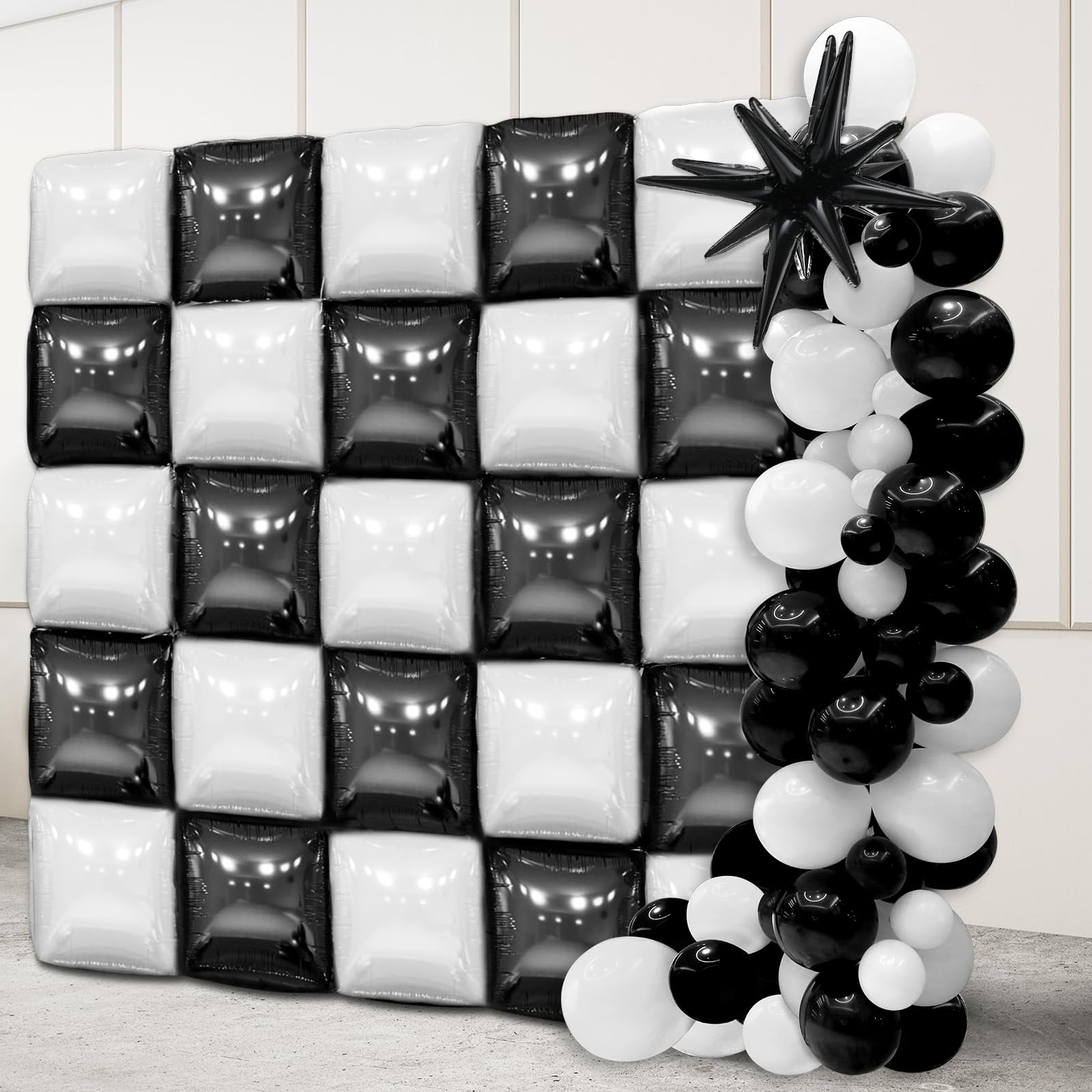 66 Pcs Black and White Flat Square Foil Balloon Wall Backdrop Double Sided White Black Mylar Balloon Garland Background Tunnel Arch for Checkered