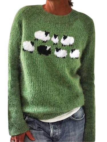 DMOYALA Women's Fair Isle Sweater Long Sleeve Boat Neck Pullover Tops 2025 Vintage Knitted Sweater Tops for Christmas - Sheep Green - XX-Large