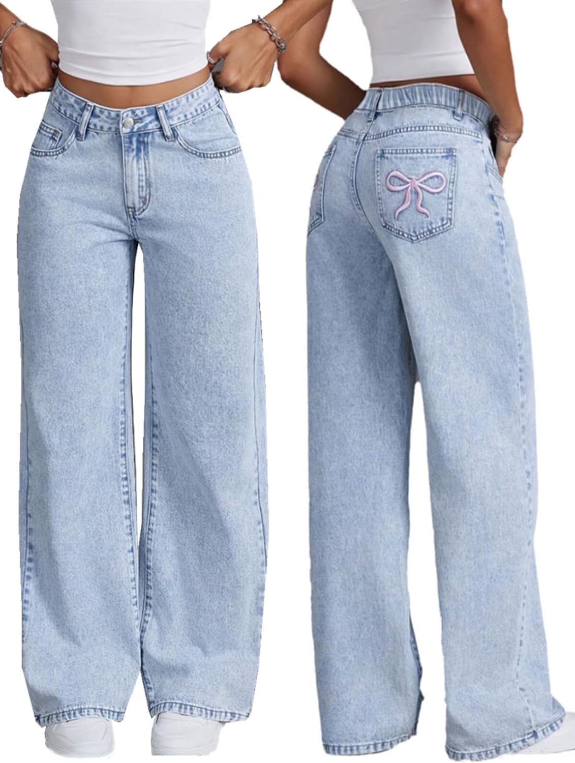 Girls Wide Leg Jeans Baggy Bow Embroidery High Elastic Mid Waist Denim Pants Y2K Trendy Tween Skater Streetwear 7-13Y