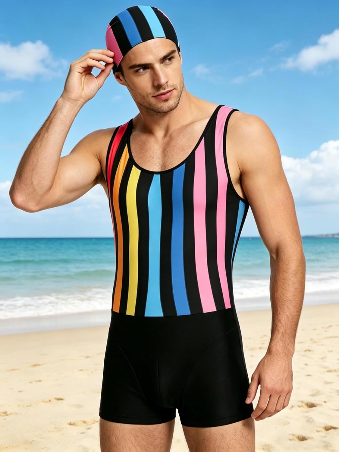 Freebily Gym Jumpsuit for Men One Piece Tights 2 Pcs Set Muscle Tight Striped Print Swimsuit