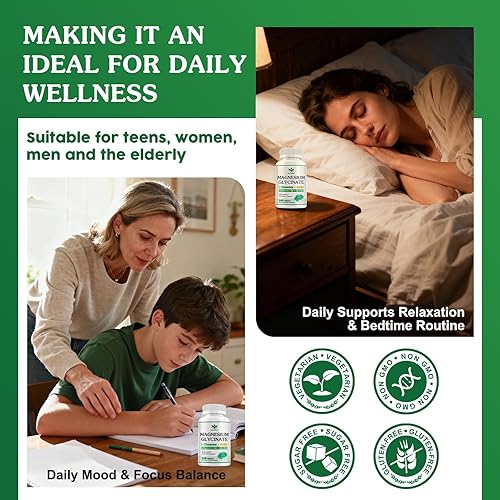 Miniatura 5 de Suplemento de glicinato de magnesio y L-teanina  Apoyo de relajación y cognición  Suplemento de magnesio de 400 mg con L-teanina, GABA, manzanilla,
