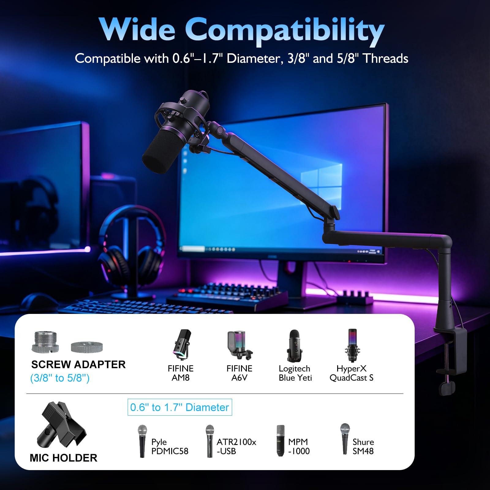 Microfono Dinamico con Braccio e Gestione Cavi, per PC/PS4/5/Mac | Microfono a Braccio con Ghiera Regolazione. Compatibile Snowball, SoloCast, Elgato Wave. per Gaming, Streaming, Registrazione