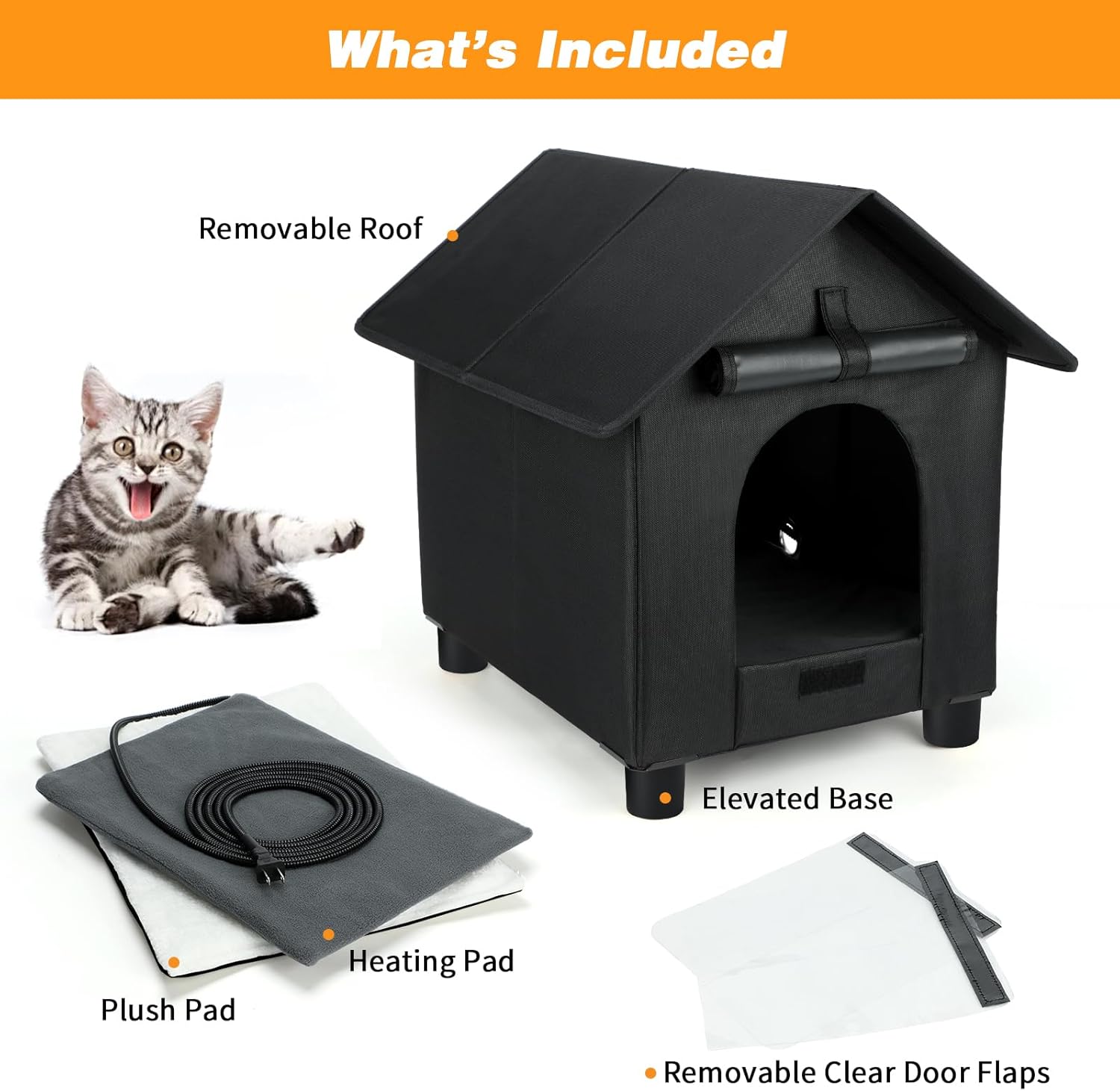 Heated Cat House in Winter Waterproof, Elevated Heated Outdoor Cat House Insulated Outside Feral Cats Houses Shelter with Escape Door for Cats or Small Dogs (Black, Medium (15.6"x19.3"x20.6"))