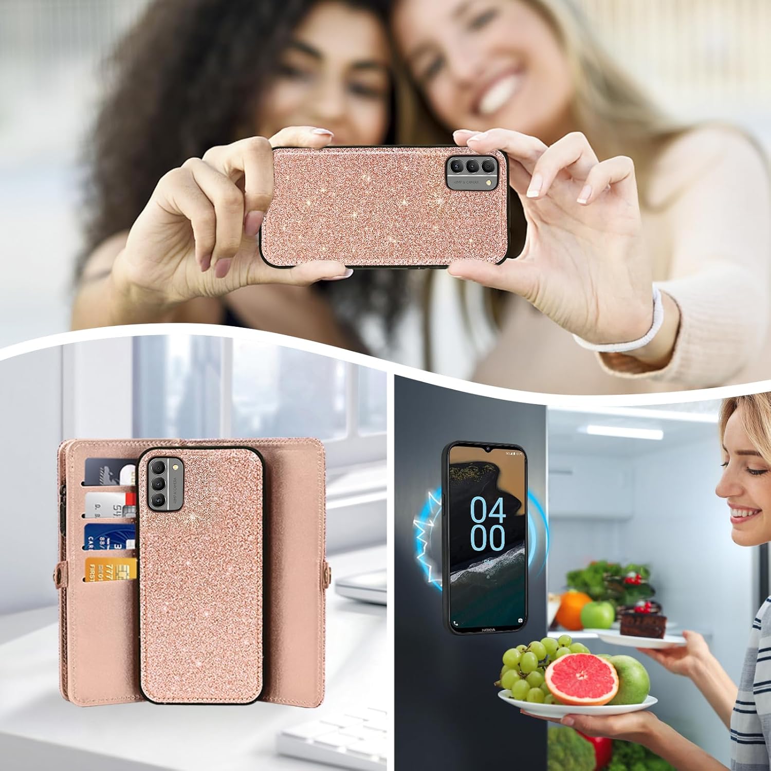 Asuwish Phone Case for Nokia G400 5G Zipper Wallet Detachable Purse Cell Cover with Tempered Glass Screen Protector Lanyard Wrist Strap Flip Credit Card Holder Slot G 400 400G 2022 Women Men Rosegold